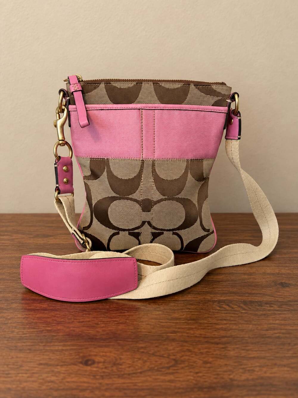 Coach Signature Monogram Crossbody Bag Tan Pink Leather